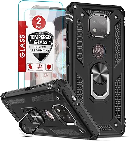 LeYi for Motorola Moto G Power 2021 Case, Motorola G Power 2021 Phone Case with Glass Screen Protector Replacement, Military-Grade Shockproof Magnetic Ring Stand Cell Android Case Cover
