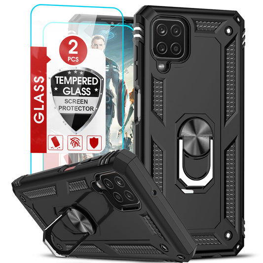 LeYi for Samsung Galaxy A12 Phone Case, Samsung A12 Phone Case with Glass Screen Protector Replacement, Military-Grade Shockproof Magnetic Ring Stand Cell Android Case Cover
