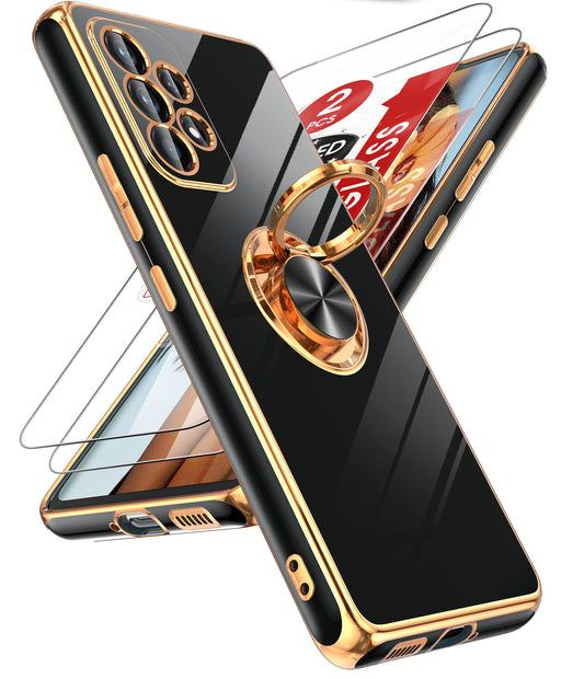 LeYi for Samsung Galaxy A53 5G Case: with 2 Pack Tempered Glass Screen Protector and Rotatable Ring Holder Magnetic Kickstand, Plating Rose Gold Edge Case