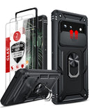 LeYi for Google Pixel 6 Case: Slide Camera Cover + [2 Packs] Tempered Glass Screen Protector, Full Body Military-Grade Heavy Duty Shockproof Ring Holder Stand Case