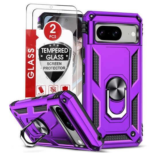 LeYi for Google Pixel 8 Phone Case, Pixel 8 Case with Glass Screen Protector Replacement, Military-Grade Shockproof Magnetic Ring Stand Cell Android Case Cover