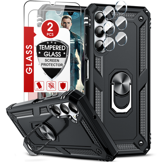 LeYi for Samsung Galaxy A05s Phone Case with 2 Glass Screen Protector Replacement, Military-Grade Shockproof Magnetic Ring Stand Cell Android Case Cover
