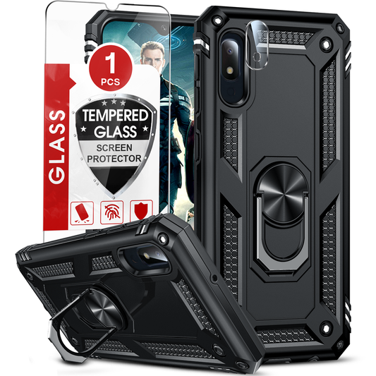 LeYi for Samsung Galaxy A10E Phone Case, Samsung A10E Phone Case with Glass Screen Protector Replacement, Military-Grade Shockproof Magnetic Ring Stand Cell Android Case Cover