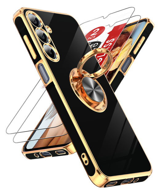 LeYi for Samsung Galaxy S25 FE 5G Case: with 2 Pack Tempered Glass Screen Protector and Rotatable Ring Holder Magnetic Kickstand, Plating Rose Gold Edge Case