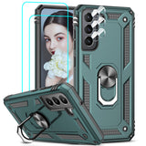LeYi for Samsung Galaxy S21 FE Case with Glass Screen Protector Replacement, Military-Grade Shockproof Magnetic Ring Stand Cell Android Case Cover