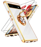 LeYi for Google Pixel 6A Case: with 2 Pack Tempered Glass Screen Protector and Rotatable Ring Holder Magnetic Kickstand, Plating Rose Gold Edge Case