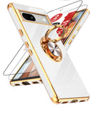 LeYi for Google Pixel 7A Case: with 2 Pack Tempered Glass Screen Protector and Rotatable Ring Holder Magnetic Kickstand, Plating Rose Gold Edge Case