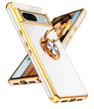 LeYi for Google-Pixel-7 Case: Rotatable Ring Holder Magnetic Kickstand, Plating Rose Gold Edge Case