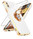 LeYi for iPhone X/XS Case: with 1 Pack Tempered Glass Screen Protector and Rotatable Ring Holder Magnetic Kickstand, Plating Rose Gold Edge Case