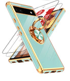 LeYi for Google Pixel 6A Case: with 2 Pack Tempered Glass Screen Protector and Rotatable Ring Holder Magnetic Kickstand, Plating Rose Gold Edge Case