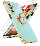 LeYi for Samsung Galaxy A26 5G Case: with 2 Pack Tempered Glass Screen Protector and Rotatable Ring Holder Magnetic Kickstand, Plating Rose Gold Edge Case