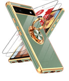 LeYi for Google Pixel 6A Case: with 2 Pack Tempered Glass Screen Protector and Rotatable Ring Holder Magnetic Kickstand, Plating Rose Gold Edge Case