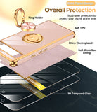 LeYi for Google Pixel 6A Case: with 2 Pack Tempered Glass Screen Protector and Rotatable Ring Holder Magnetic Kickstand, Plating Rose Gold Edge Case