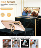 LeYi for Samsung Galaxy S21 FE 5G Case: with 2 Pack Tempered Glass Screen Protector and Rotatable Ring Holder Magnetic Kickstand, Plating Rose Gold Edge Case