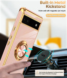 LeYi for Google Pixel 6A Case: with 2 Pack Tempered Glass Screen Protector and Rotatable Ring Holder Magnetic Kickstand, Plating Rose Gold Edge Case