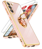 LeYi for Samsung Galaxy S21 FE 5G Case: with 2 Pack Tempered Glass Screen Protector and Rotatable Ring Holder Magnetic Kickstand, Plating Rose Gold Edge Case