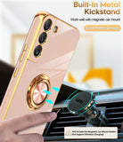 LeYi for Samsung Galaxy S22 Plus 5G Case: Rotatable Ring Holder Magnetic Kickstand, Plating Rose Gold Edge Case