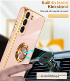 LeYi for Samsung Galaxy S21 FE 5G Case: with 2 Pack Tempered Glass Screen Protector and Rotatable Ring Holder Magnetic Kickstand, Plating Rose Gold Edge Case