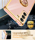 LeYi for Samsung Galaxy S21 FE 5G Case: with 2 Pack Tempered Glass Screen Protector and Rotatable Ring Holder Magnetic Kickstand, Plating Rose Gold Edge Case