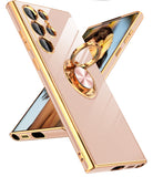 LeYi for Samsung Galaxy S22 Ultra 5G Case: Rotatable Ring Holder Magnetic Kickstand, Plating Rose Gold Edge Case