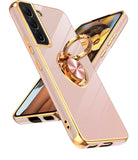 LeYi for Samsung Galaxy S22 5G Case: Rotatable Ring Holder Magnetic Kickstand, Plating Rose Gold Edge Case