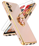 LeYi for Samsung Galaxy A13 5G Case: with 2 Pack Tempered Glass Screen Protector and Rotatable Ring Holder Magnetic Kickstand, Plating Rose Gold Edge Case