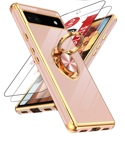 LeYi for Google Pixel 6A Case: with 2 Pack Tempered Glass Screen Protector and Rotatable Ring Holder Magnetic Kickstand, Plating Rose Gold Edge Case