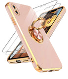 LeYi for iPhone X/XS Case: with 1 Pack Tempered Glass Screen Protector and Rotatable Ring Holder Magnetic Kickstand, Plating Rose Gold Edge Case