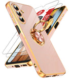 LeYi for Samsung Galaxy A57 5G Case: with 2 Pack Tempered Glass Screen Protector and Rotatable Ring Holder Magnetic Kickstand, Plating Rose Gold Edge Case