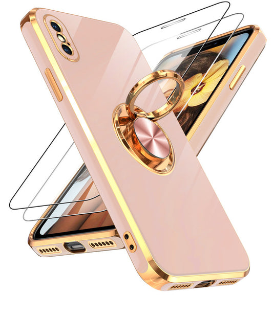 LeYi for iPhone X/XS Case: with 1 Pack Tempered Glass Screen Protector and Rotatable Ring Holder Magnetic Kickstand, Plating Rose Gold Edge Case