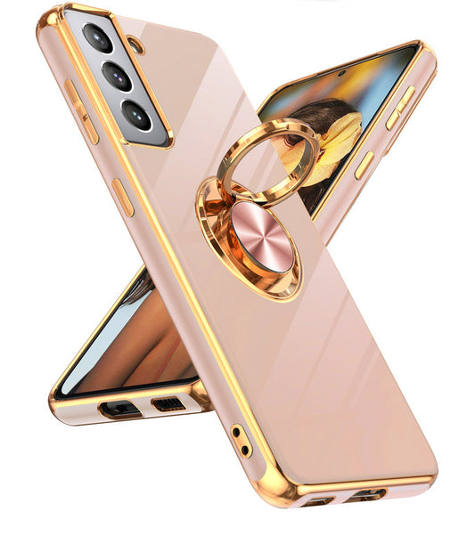 LeYi for Samsung Galaxy S21 5G Case: Rotatable Ring Holder Magnetic Kickstand, Plating Rose Gold Edge Case