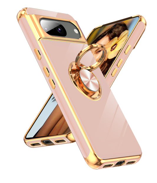 LeYi for Google Pixel 8 Case with Rotatable Ring Holder Magnetic Kickstand Plating Rose Gold Edge Case