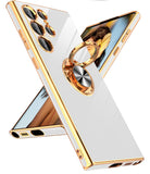 LeYi for Samsung Galaxy S22 Ultra 5G Case: Rotatable Ring Holder Magnetic Kickstand, Plating Rose Gold Edge Case