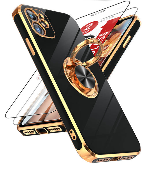 LeYi for Iphone 11 Case: with 2 Pack Tempered Glass Screen Protector and Rotatable Ring Holder Magnetic Kickstand, Plating Rose Gold Edge Case