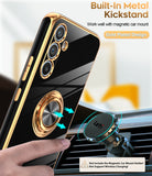 LeYi for Samsung Galaxy A54 5G Case: with 2 Pack Tempered Glass Screen Protector and Rotatable Ring Holder Magnetic Kickstand, Plating Rose Gold Edge Case