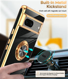 LeYi for Google-Pixel-7 Case: Rotatable Ring Holder Magnetic Kickstand, Plating Rose Gold Edge Case