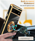 LeYi for Google Pixel 6A Case: with 2 Pack Tempered Glass Screen Protector and Rotatable Ring Holder Magnetic Kickstand, Plating Rose Gold Edge Case