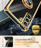 LeYi for Samsung Galaxy S21 FE 5G Case: with 2 Pack Tempered Glass Screen Protector and Rotatable Ring Holder Magnetic Kickstand, Plating Rose Gold Edge Case