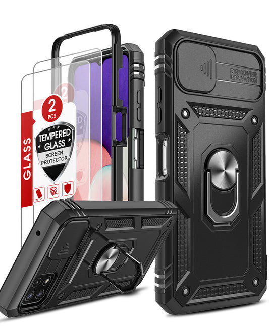 LeYi for Samsung Galaxy A22 5G Phone Case: Samsung Galaxy A22 Case with 2 Tempered Glass Screen Pro Maxtector, Slide Camera Cover, Ring Stand Holder, Heavy Duty Shockproof para Samsung Galaxy A22 Cover for Women Girl