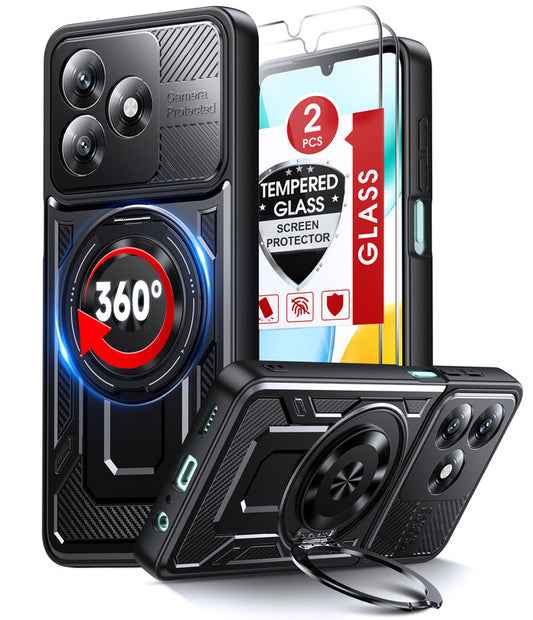 LeYi for Honor-X5c 4G Case: with Glass Screen Protector, [Fit Magsafe] 16FT Heavy Duty Shockproof Protection Rugged Android Smart Phone Case with Invisible Ring Stand Honor X5c 4G