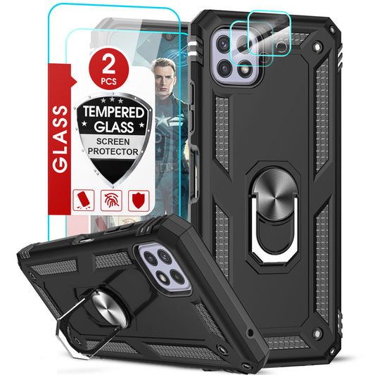 LeYi for Samsung Galaxy A22 5G Case with Glass Screen Protector Replacement, Military-Grade Shockproof Magnetic Ring Stand Cell Android Case Cover