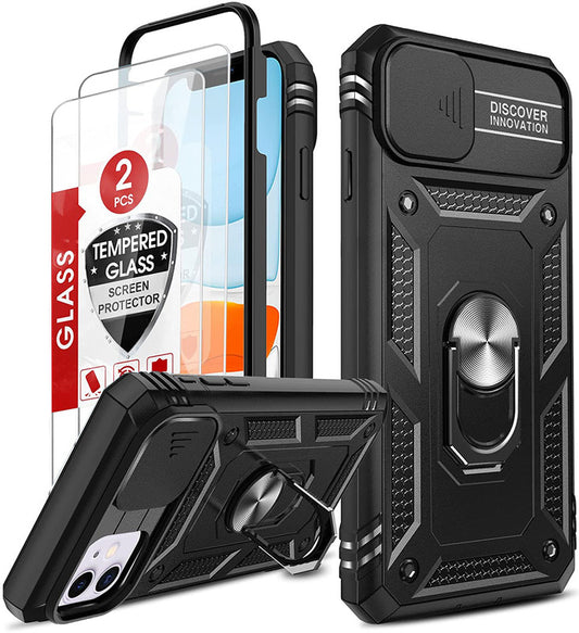 LeYi for iPhone 11 Phone Case: iPhone 11 Case with 2 Tempered Glass Screen Protector, Slide Camera Cover, Ring Stand Holder, Heavy Duty Shockproof para iPhone 11 Cover for Women Girl