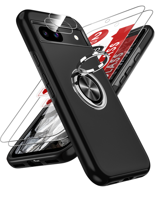 LeYi for Google Pixel 8A Case with Glass Screen Protector and Lens Protector, Shockproof Heavy Duty Protective Slim Fit Google Pixel 8A Cell Phone Case Cover with Rotatable Ring Holder Magnetic Kickstand for Women