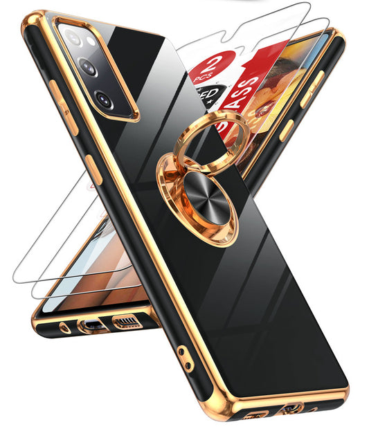 LeYi for Samsung Galaxy S20 FE 5G Case: with 2 Pack Tempered Glass Screen Protector and Rotatable Ring Holder Magnetic Kickstand, Plating Rose Gold Edge Case