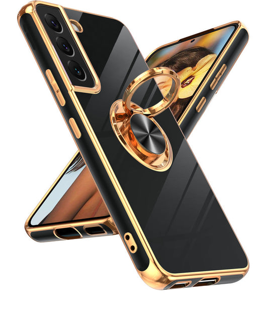 LeYi for Samsung Galaxy S22 5G Case: Rotatable Ring Holder Magnetic Kickstand, Plating Rose Gold Edge Case
