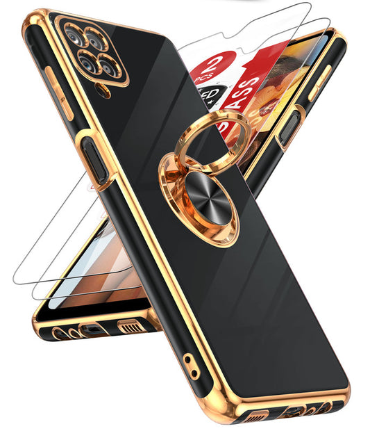 LeYi for Samsung Galaxy A12 5G Case: with 2 Pack Tempered Glass Screen Protector and Rotatable Ring Holder Magnetic Kickstand, Plating Rose Gold Edge Case
