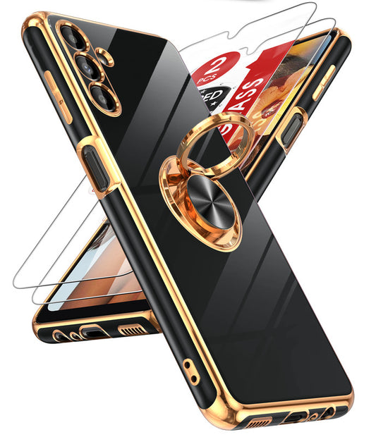 LeYi for Samsung Galaxy A13 5G Case: with 2 Pack Tempered Glass Screen Protector and Rotatable Ring Holder Magnetic Kickstand, Plating Rose Gold Edge Case