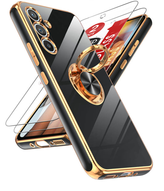 LeYi for Samsung Galaxy A54 5G Case: with 2 Pack Tempered Glass Screen Protector and Rotatable Ring Holder Magnetic Kickstand, Plating Rose Gold Edge Case