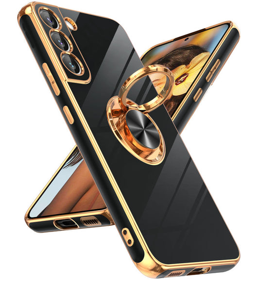 LeYi for Samsung Galaxy S22 Plus 5G Case: Rotatable Ring Holder Magnetic Kickstand, Plating Rose Gold Edge Case