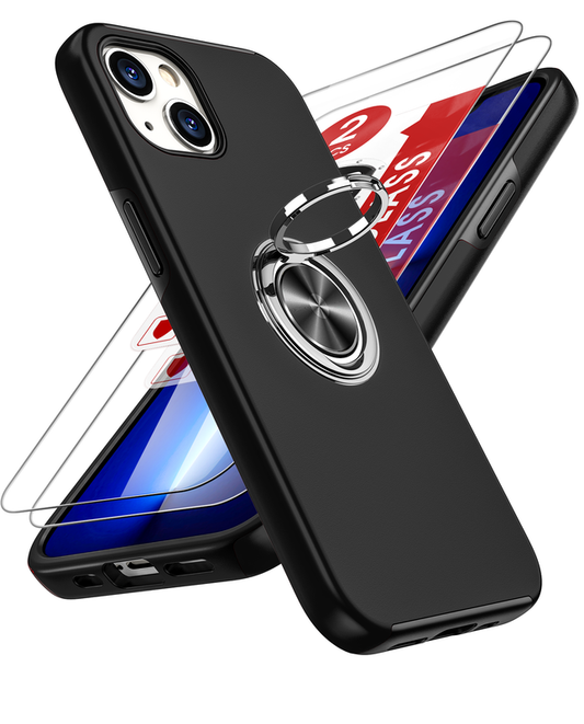 LeYi for iPhone 13 Case with Glass Screen Protector, Shockproof Heavy Duty Protective Slim Fit iPhone 13 Cell Phone Case Cover with Rotatable Ring Holder Magnetic Kickstand for Women